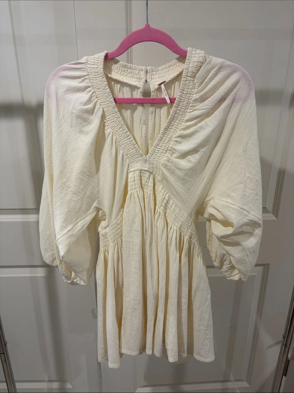 Free People Cream V-Neck Smocked Mini Dress